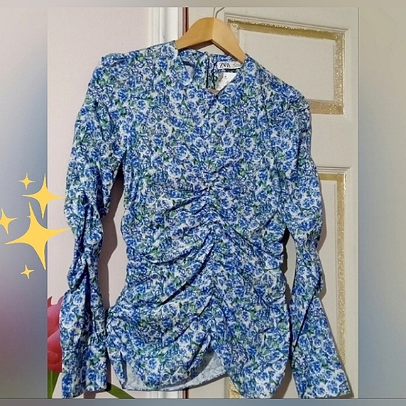 ZARA🐞Ruched Blue Floral Cotton Long Sleeve Blouse Sz: S - Picture 4 of 12